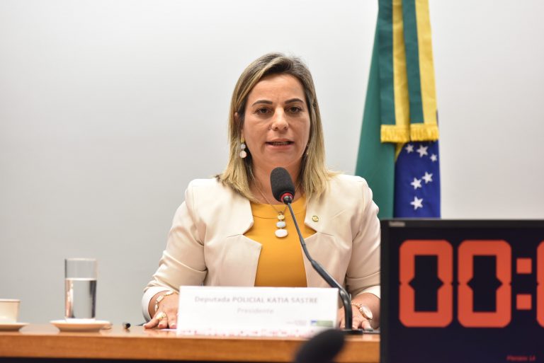 A deputada Policial Katia Sastre fala ao microfone