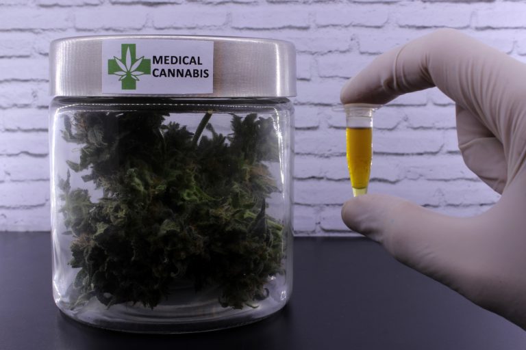 Um pote de vidro com folhas dentro e um adesivo escrito: Medical Cannabis. Ao lado uma mão com luva segura uma ampola com um líquido amarelo