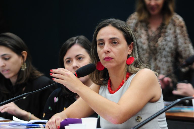 Deputada Fernanda Melchionna fala ao microfone. Ela é branca, tem o cabelo castanho e comprido, veste uma camisa branca, brincos e colares vermelhos
