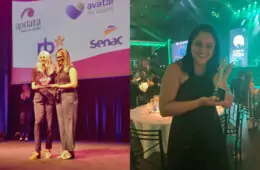 Patrícia Coimbra, vice-presidente de Capital Humano, Sustentabilidade e Marketing da SulAmérica, recebe prêmio de líder de RH destaque em Seguros; Camila Sales Manoel de Brito, supervisora de Atendimento da SulAmérica, com o prêmio Reclame Aqui 2022 / Divulgação
