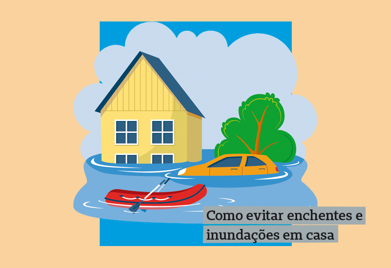 Ilustração de uma casa com enchente ao redor dela, e provável inundação no interior. Há o escrito "como evitar enchentes e inundações".