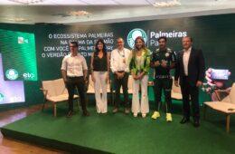 Luiz Rodrigo Cartolano (Diretor Executivo de Marketing e Transformação da Allianz Seguros); Meliza Pedroso (CMO da Elo); Sergio Borriello (CEO da Pefisa); Leila Pereira (CEO do Palmeiras); o técnico Abel Ferreira e Everaldo Coelho (Diretor de Marketing do Palmeiras) / Foto: William Anthony / Universo do Seguro