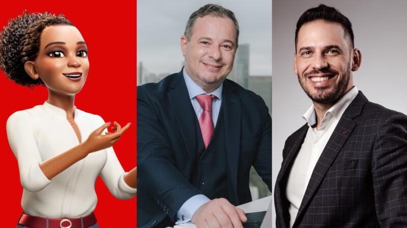 A assistente virtual Maitê; Roberto de Antoni, diretor de operações da MAPFRE; e Raphael Bauer, diretor geral comercial da seguradora / Foto: Divulgação