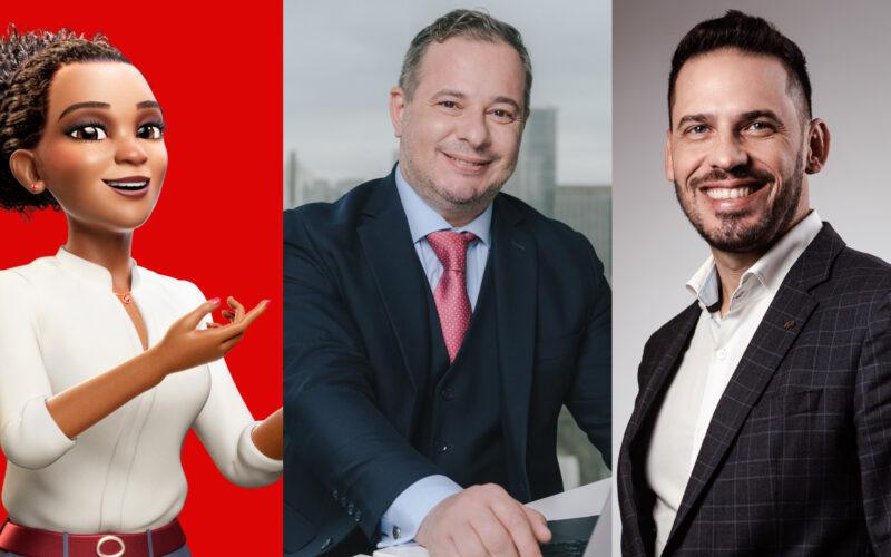 A assistente virtual Maitê; Roberto de Antoni, diretor de operações da MAPFRE; e Raphael Bauer, diretor geral comercial da seguradora / Foto: Divulgação