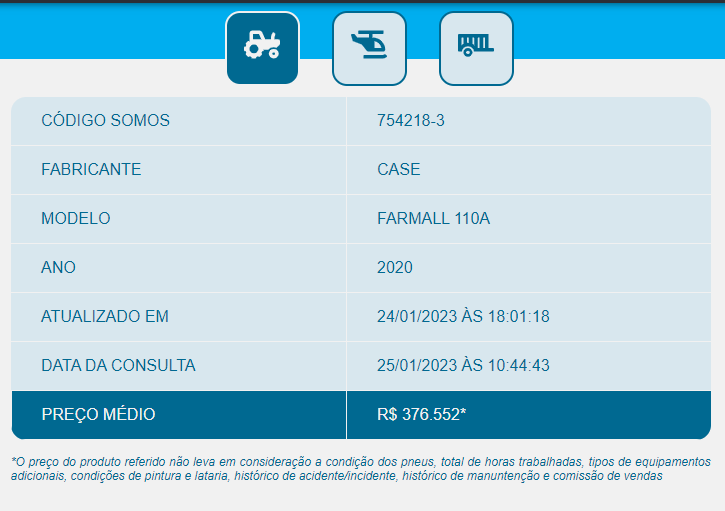 Tabela SOMOS apresenta preço médio de Trator Case Farmall 110A ano 2020 / Divulgação