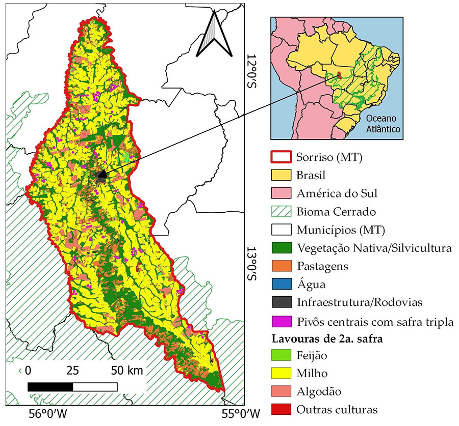 Classificação digital de uso e cobertura da terra, com ênfase nas lavouras de segunda safra no Município de Sorriso (MT) em janeiro de 2022, gerada a partir de imagens HLS e algoritmos baseados em inteligência artificial/ Crédito: Divulgação / Embrapa