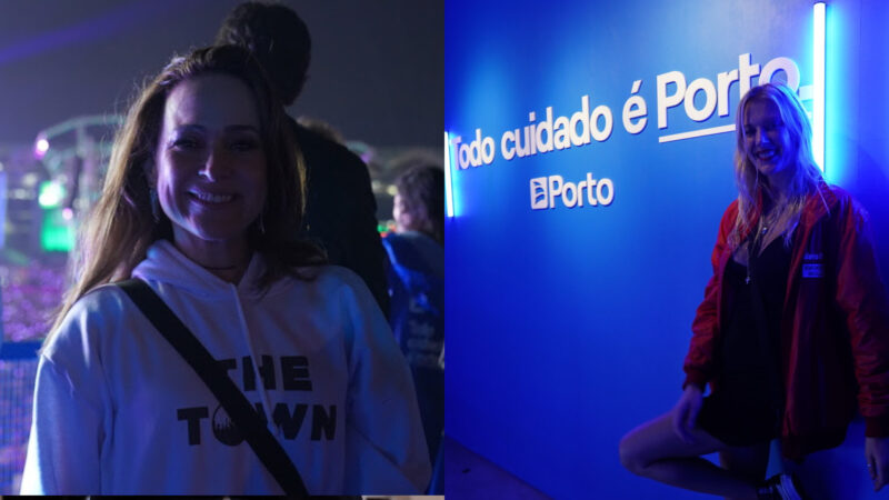 Gabriela Duarte no terceiro andar do Lounge Porto, com vista para o palco Skyline; Gianne Albertoni ao lado da tagline “Todo cuidado é Porto” / Foto: Lucas Demuri / Porto / Divulgação