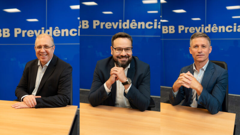 Sandro Grando, Diretor-presidente; Ricardo Serone, Diretor Financeiro e de Investimentos; e Vinícius Resende, Diretor de Clientes da BB Previdência / Foto: Divulgação