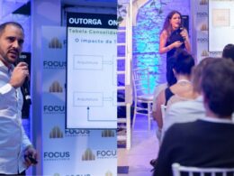 Wislley Ribeiro, fundador e presidente da Focus Consultoria no evento e à direita,Giulia Flores, consultora interna da equipe Focus / Foto: VD Filmes / Divulgação