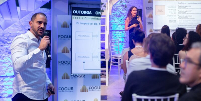 Wislley Ribeiro, fundador e presidente da Focus Consultoria no evento e à direita,Giulia Flores, consultora interna da equipe Focus / Foto: VD Filmes / Divulgação