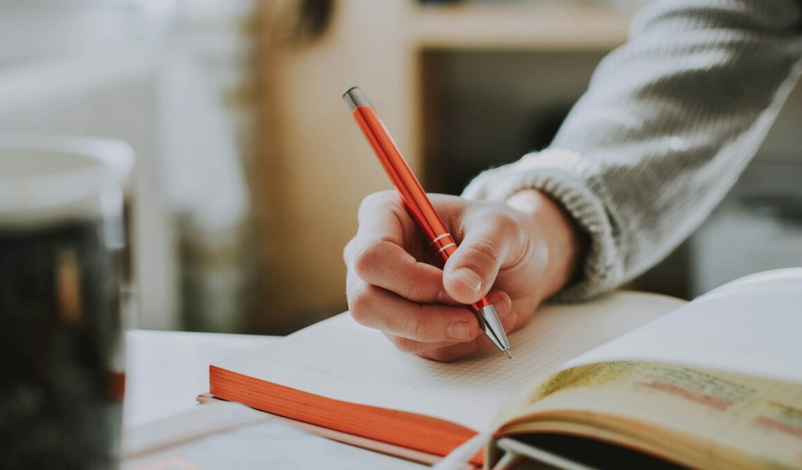 person holding on red pen while writing on book