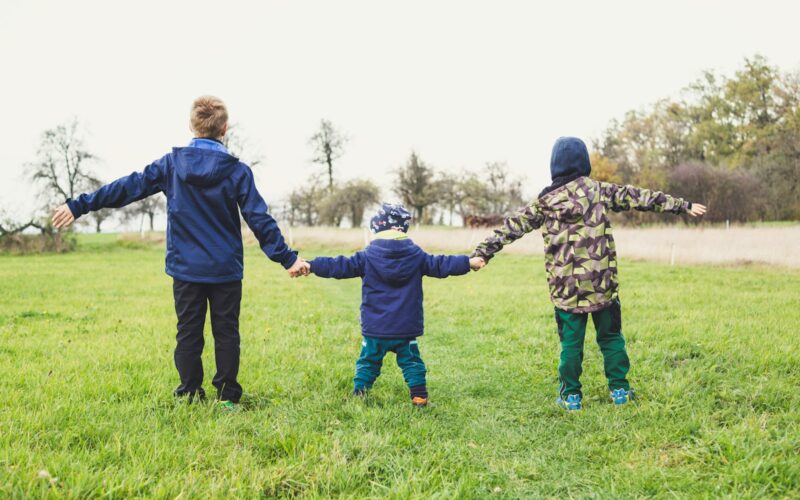 three children holding hands standing on grasses