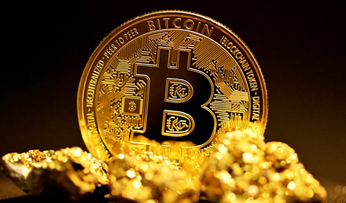 a bitcoin sitting on top of a pile of gold nuggets