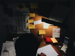 a person sitting at a desk in front of a lamp