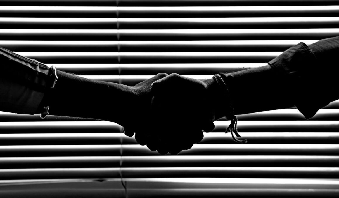 Silhouette of two people shaking hands symbolizing partnership and trust.