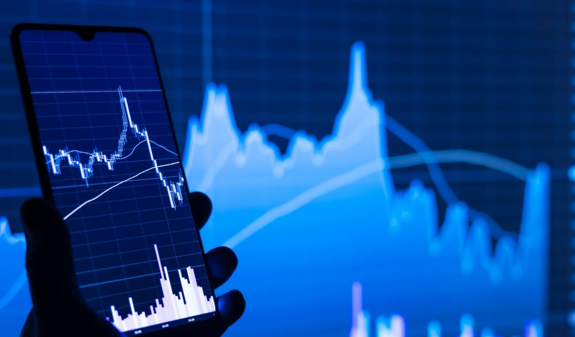 a person holding a cell phone in front of a stock chart