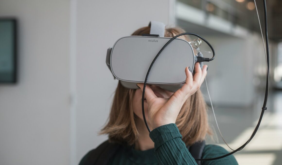 woman in black sweater holding white and black vr goggles