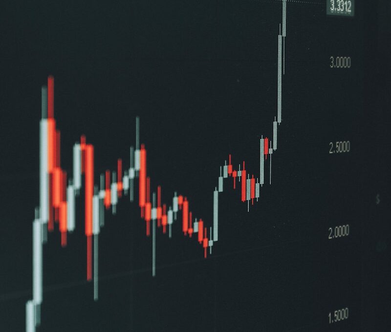 Stock market graph shows fluctuating trends.