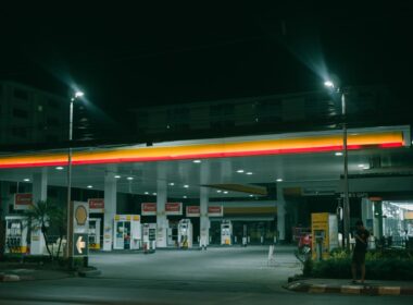 lamp posts near gasoline station