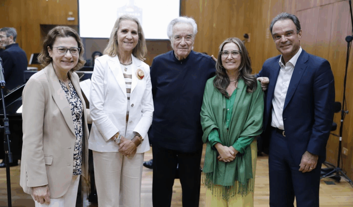 Executivos da Fundación MAPFRE durante visita à Fundação Bachiana e ao Maestro João Carlos Martins, reconhecido com o 'Prêmio por Toda uma Vida Profissional' / Foto: Divulgação