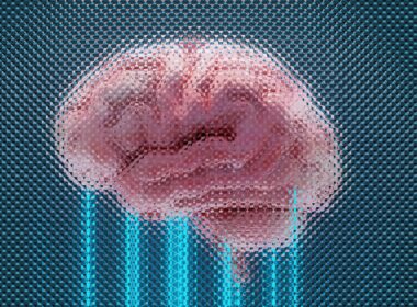 A brain displayed with glowing blue lines.