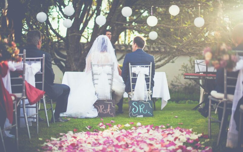 bride and groom having wedding ceremony