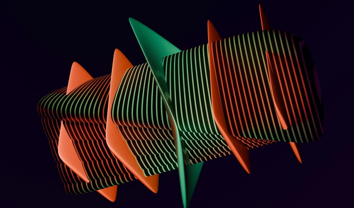 A group of orange and green objects against a black background