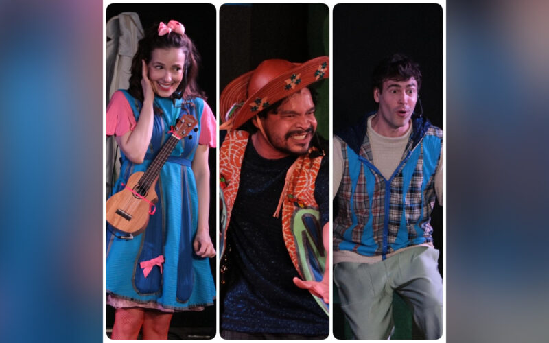 Os atores Camila dos Anjos, José Trassi (ao centro) e Rafael de Bona sobem ao palco do Teatro Alfredo Mesquita, para contar a história de Bento, O Menino Que Não Sabia Chorar./ Foto: Divulgação